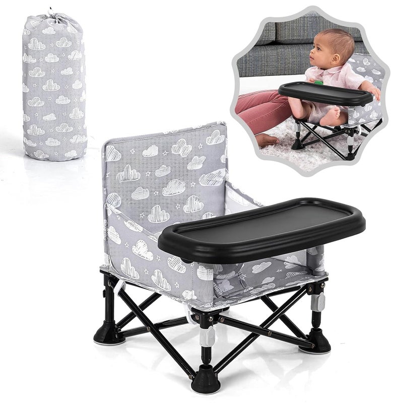 AskCat Toddler Booster Seat for Kitchen Chair & Travel - Portable Foldable with Removable Tray, Baby Camping Chair 6-36 Months Indoor Outdoor (White Cloud Design) - Image 1